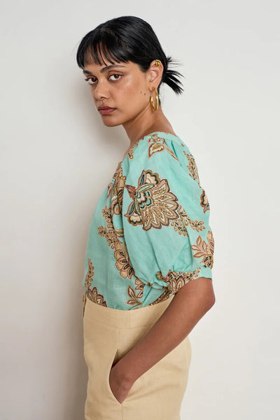 ZOE KRATSMANN GRACE TOP MINT LINEN TOP WITH FLOARL PATTERN PUFF SLEEVES SQUARE NECK AND SMALL LATTICE DETAILING UNDER THE NECKLINE 