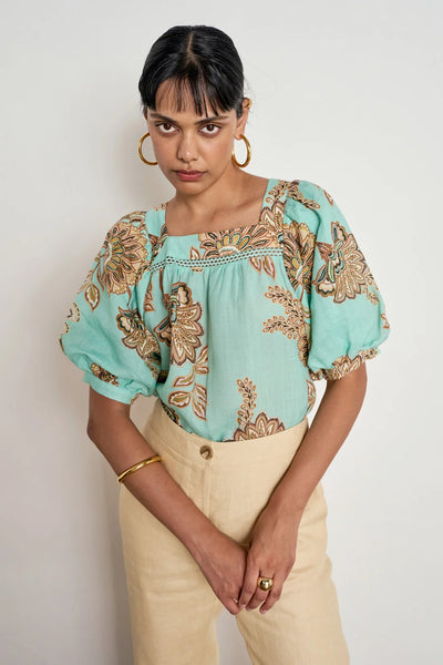 ZOE KRATSMANN GRACE TOP MINT LINEN TOP WITH FLOARL PATTERN PUFF SLEEVES SQUARE NECK AND SMALL LATTICE DETAILING UNDER THE NECKLINE 