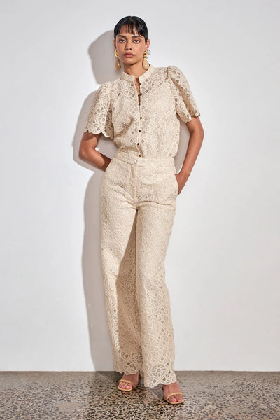 ZOE KRATSMANN FLICKER TOP CREAM BUTTON UP LACE TOP WITH SCALLOPED SLEEVES AND HEM