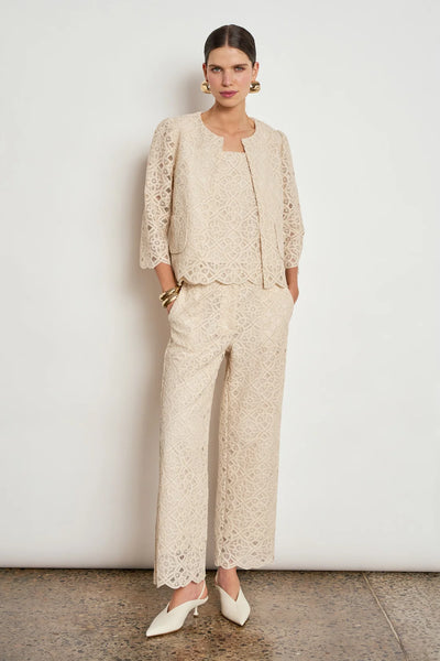 ZOE KRATSMANN BRIEF JACKET FITTED LACE COLLARLESS JACKET WITH SCALLOPED HEM AND SLEEVES  