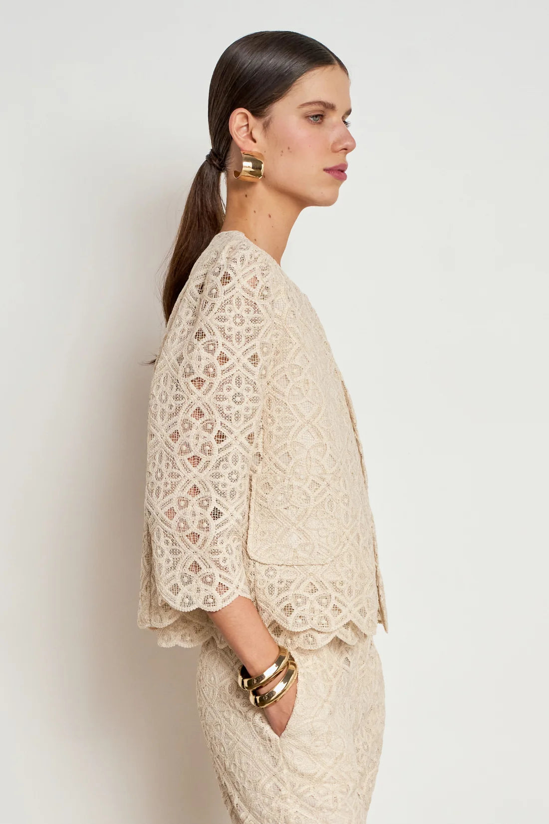 ZOE KRATSMANN BRIEF JACKET FITTED LACE COLLARLESS JACKET WITH SCALLOPED HEM AND SLEEVES  