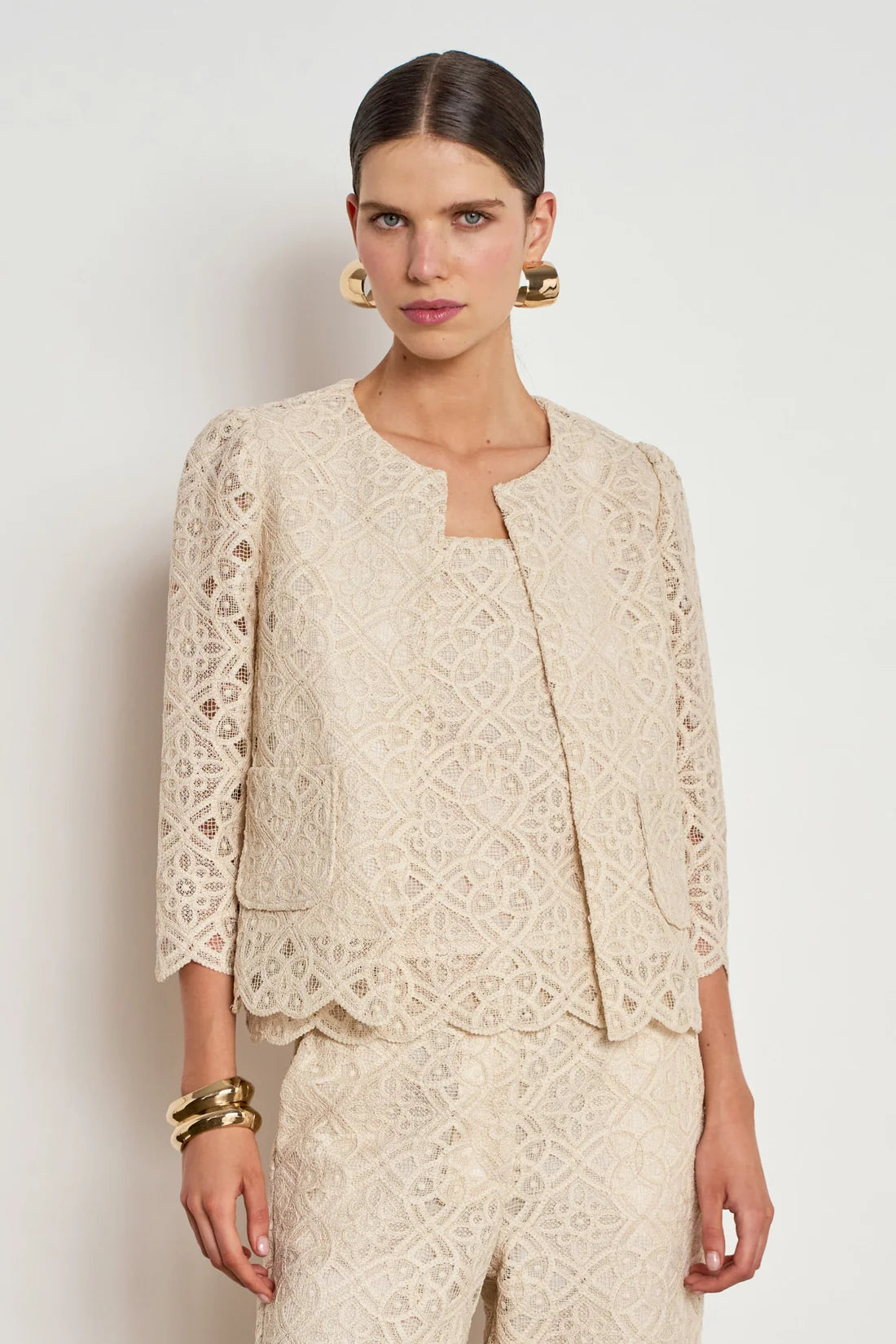 ZOE KRATSMANN BRIEF JACKET FITTED LACE COLLARLESS JACKET WITH SCALLOPED HEM AND SLEEVES  
