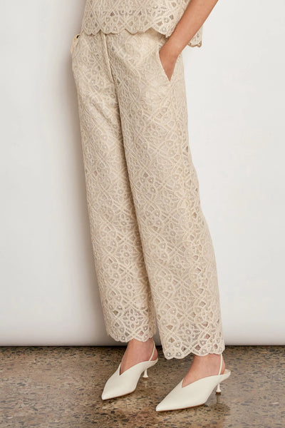 ZOE KRATSMANN DIRECT PANT CREAM LACE PANT WITH STRAIGHT LEG AND SCALLOPED HEM