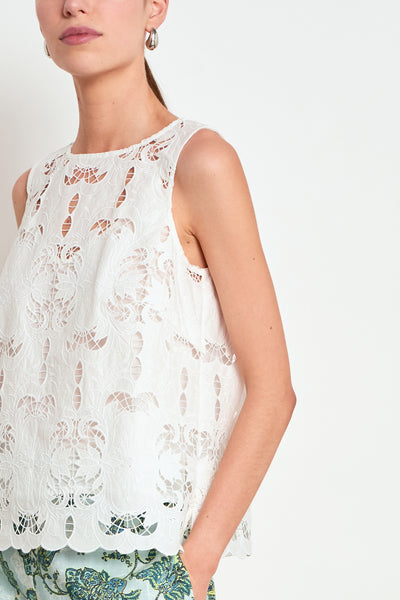 ZOE KRATZMANN GARNER TOP ALABASTER  - A sleeveless white lace top with a scalloped hem and sheer flutter sleeves