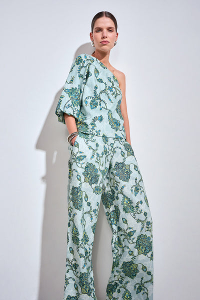 ZOE KRATZMANN PEARL TOP FERN PAISLEY ONE SHOULDER TOP WITH PUFF SLEEVE
