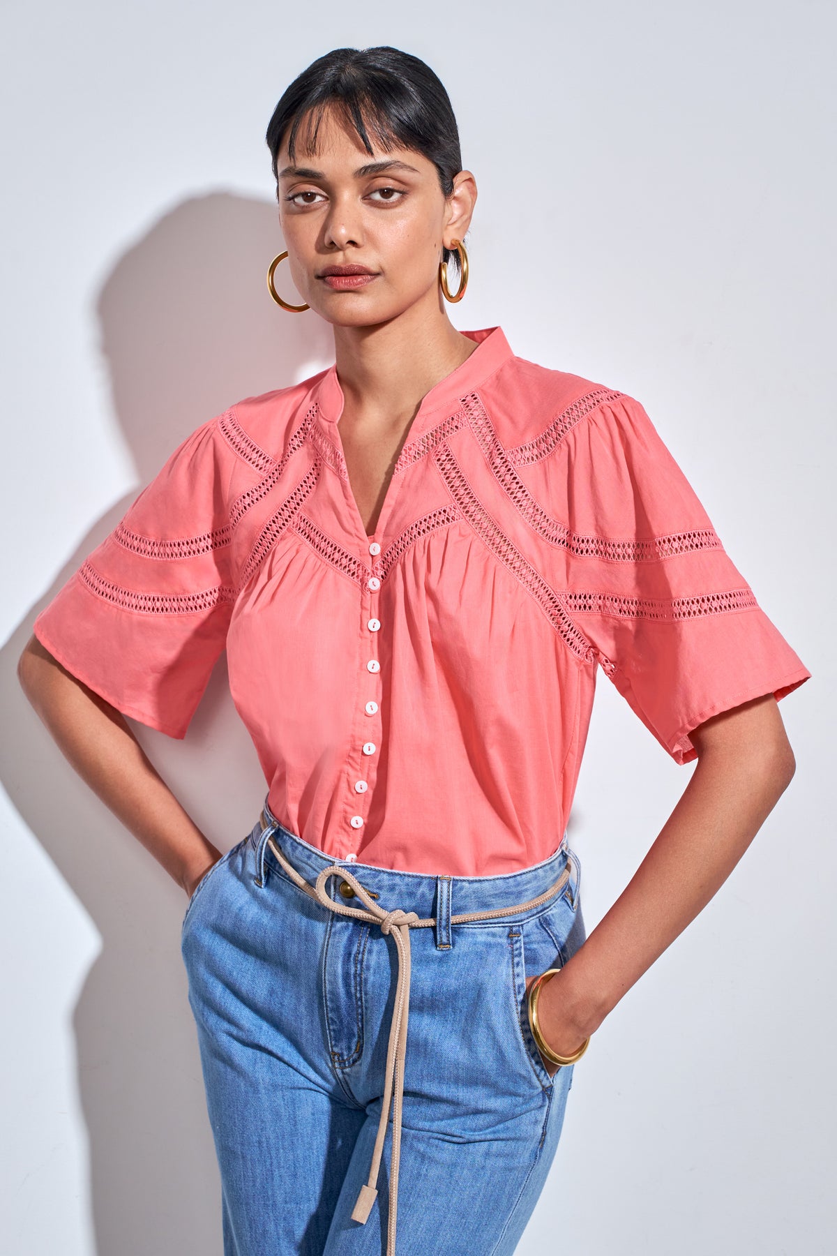 ZOE KRATZMANN PULSE TOP FLAMINGO WITH DEOCORATIVE EYELET LACE DETAIL