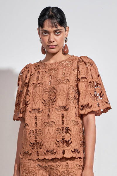 RESOLVE TOP intricate cotton lace in truffle colour
