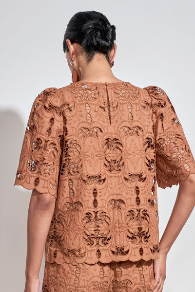 RESOLVE TOP intricate cotton lace in truffle colour