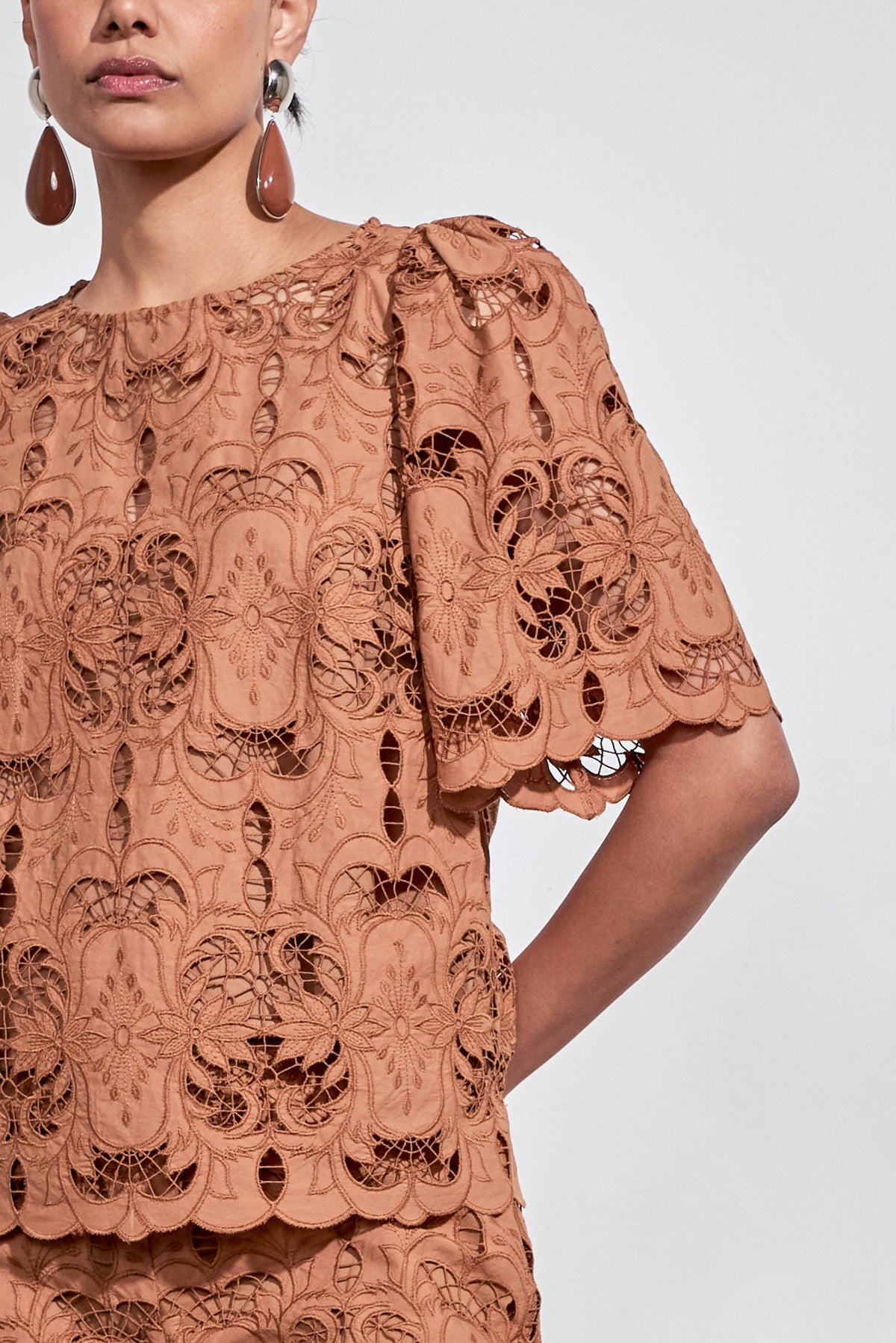 RESOLVE TOP intricate cotton lace in truffle colour
