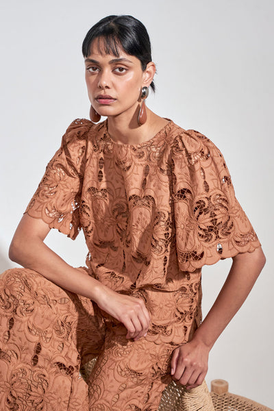 RESOLVE TOP intricate cotton lace in truffle colour