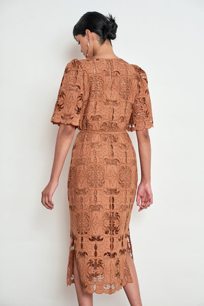 ZOE KRATZMANN GUIDE DRESS TRUFFLE - A rust-brown lace midi dress with short puff sleeves and a self-tie waist.