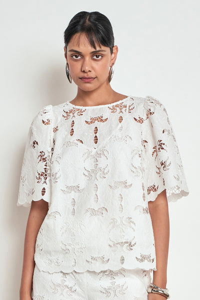 ZOE KRATZMANN RESOLVE TOP white lace blouse with short flutter sleeves and a scalloped hem