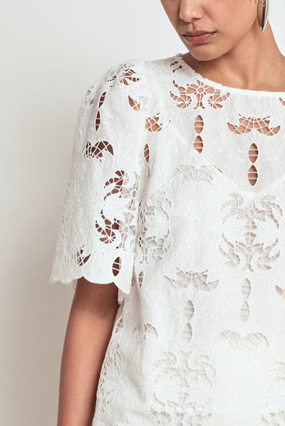 ZOE KRATZMANN RESOLVE TOP white lace blouse with short flutter sleeves and a scalloped hem