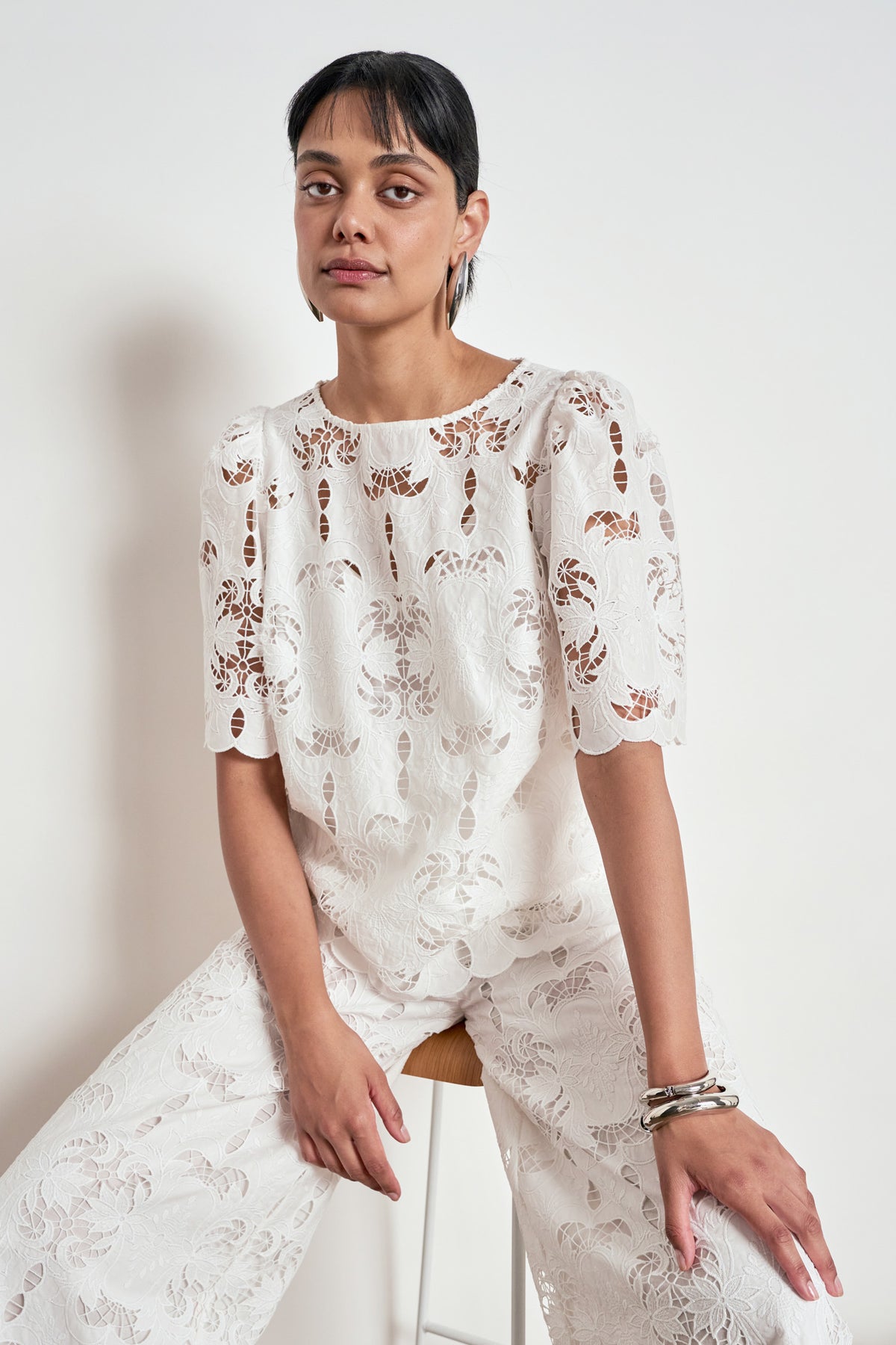 ZOE KRATZMANN RESOLVE TOP white lace blouse with short flutter sleeves and a scalloped hem