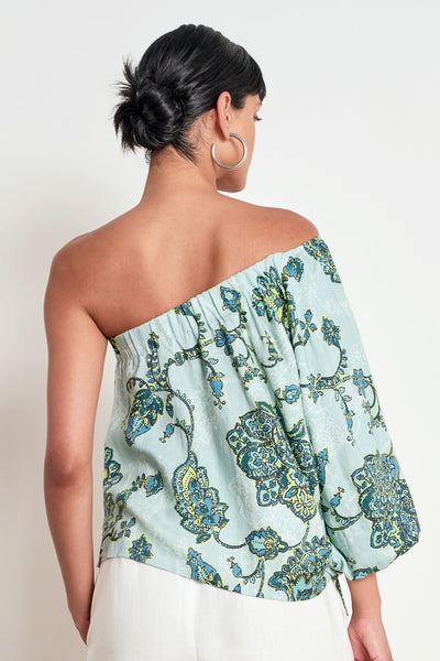 ZOE KRATZMANN PEARL TOP FERN PAISLEY ONE SHOULDER TOP WITH PUFF SLEEVE