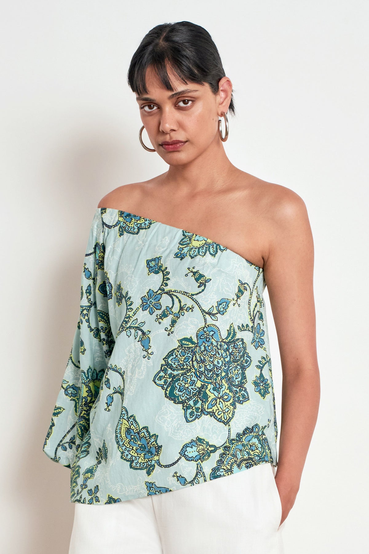 ZOE KRATZMANN PEARL TOP FERN PAISLEY ONE SHOULDER TOP WITH PUFF SLEEVE