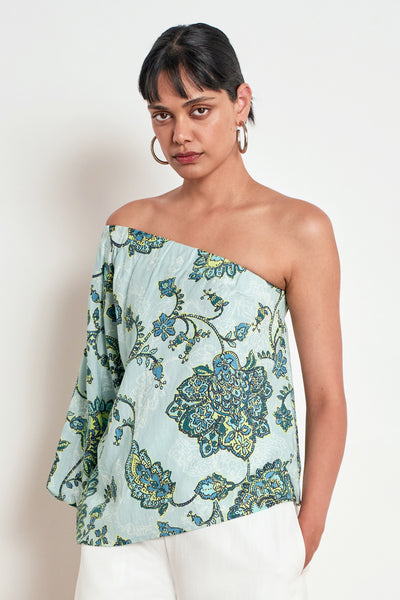 ZOE KRATZMANN PEARL TOP FERN PAISLEY ONE SHOULDER TOP WITH PUFF SLEEVE