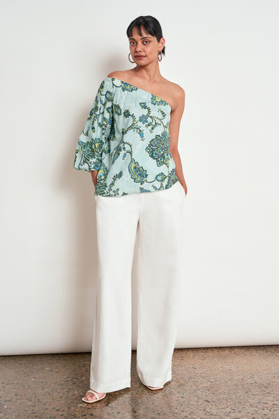 ZOE KRATZMANN PEARL TOP FERN PAISLEY ONE SHOULDER TOP WITH PUFF SLEEVE