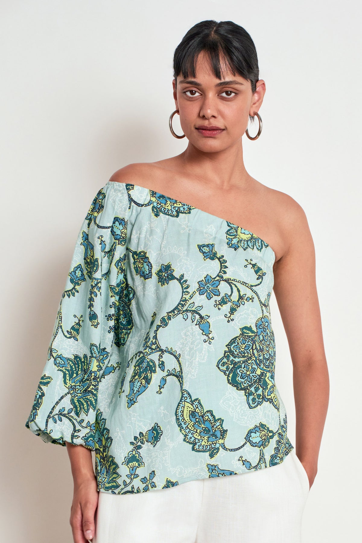 ZOE KRATZMANN PEARL TOP FERN PAISLEY ONE SHOULDER TOP WITH PUFF SLEEVE