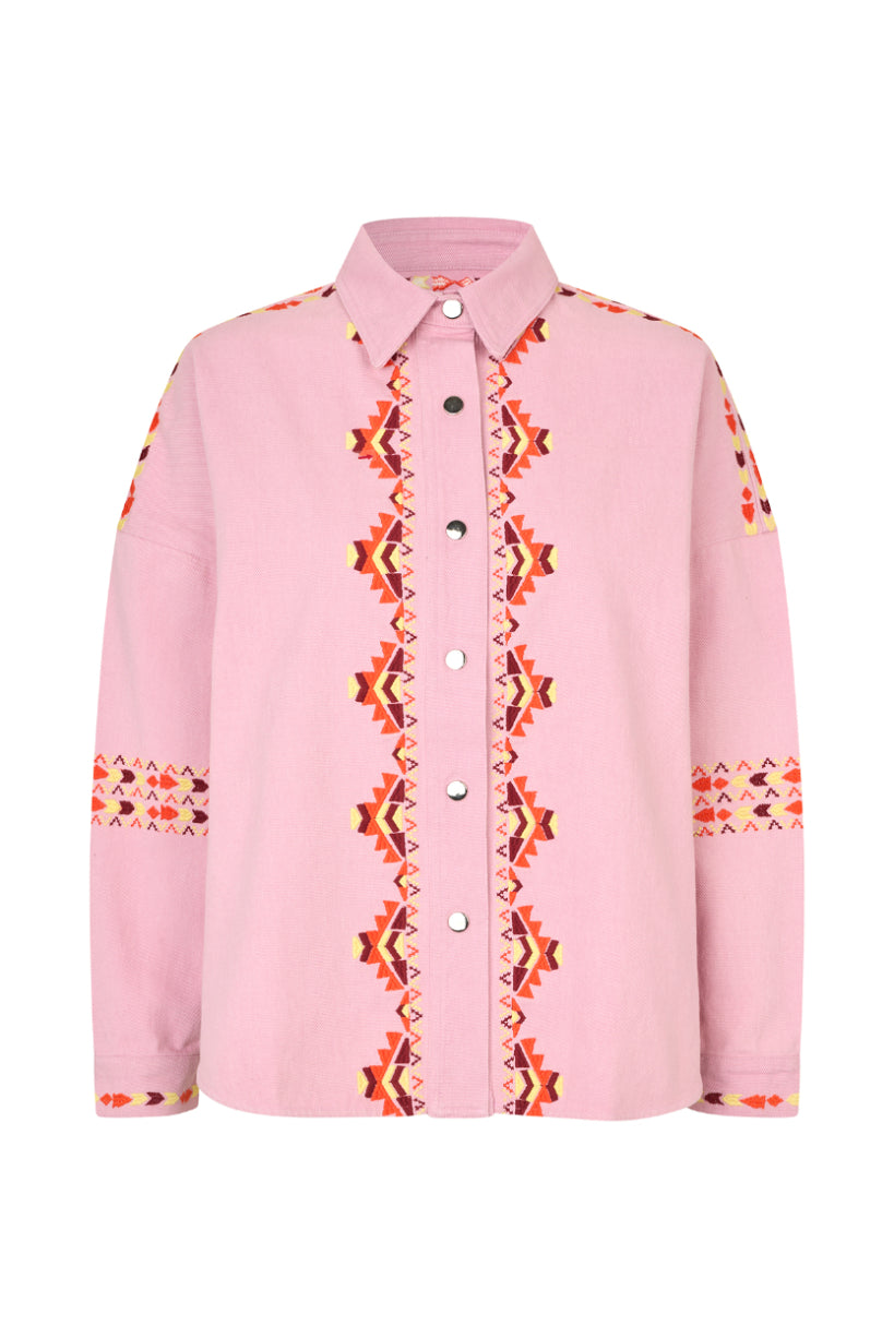 LOLLYS LAUNDRY VEINDA OVERSHIRT COTTON DENIM EMBROIDERY PINK SHIRT