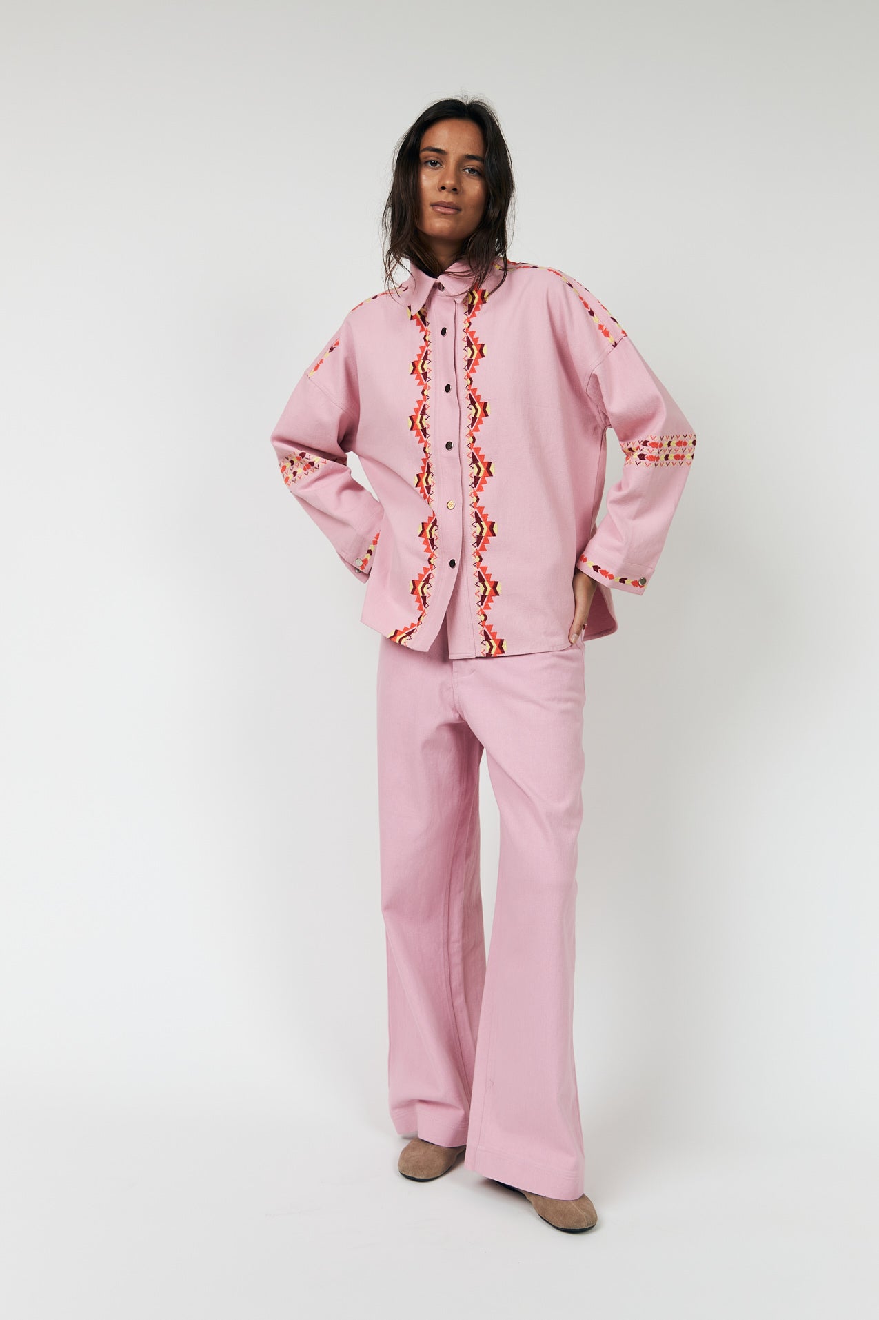 LOLLYS LAUNDRY VEINDA OVERSHIRT COTTON DENIM EMBROIDERY PINK SHIRT