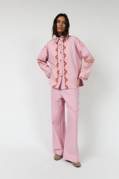 LOLLYS LAUNDRY VEINDA OVERSHIRT COTTON DENIM EMBROIDERY PINK SHIRT