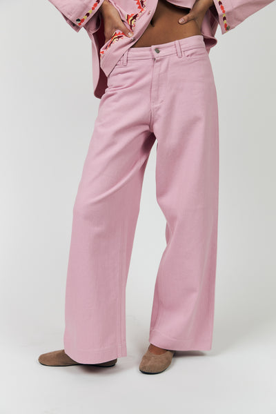 LOLLYS LAUNDRY FLORIDA PANTS PINK DENIM JEAN EMBORIDERY COTTON