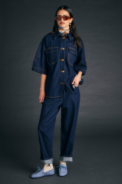 KAREN WALKER MOD SHIRT DENIM BUTTON UP SHIRT WITH TWO CHEST POCKETS AND CONTRAST SITIHING 