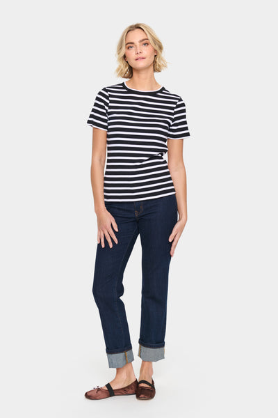 SAINT TROPEZ ASTER STRIPE TSHIRT BLACK AND WHITE STRIPE COTTON TEE
