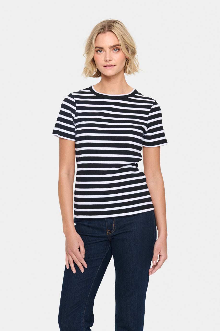 SAINT TROPEZ ASTER STRIPE TSHIRT BLACK AND WHITE STRIPE COTTON TEE