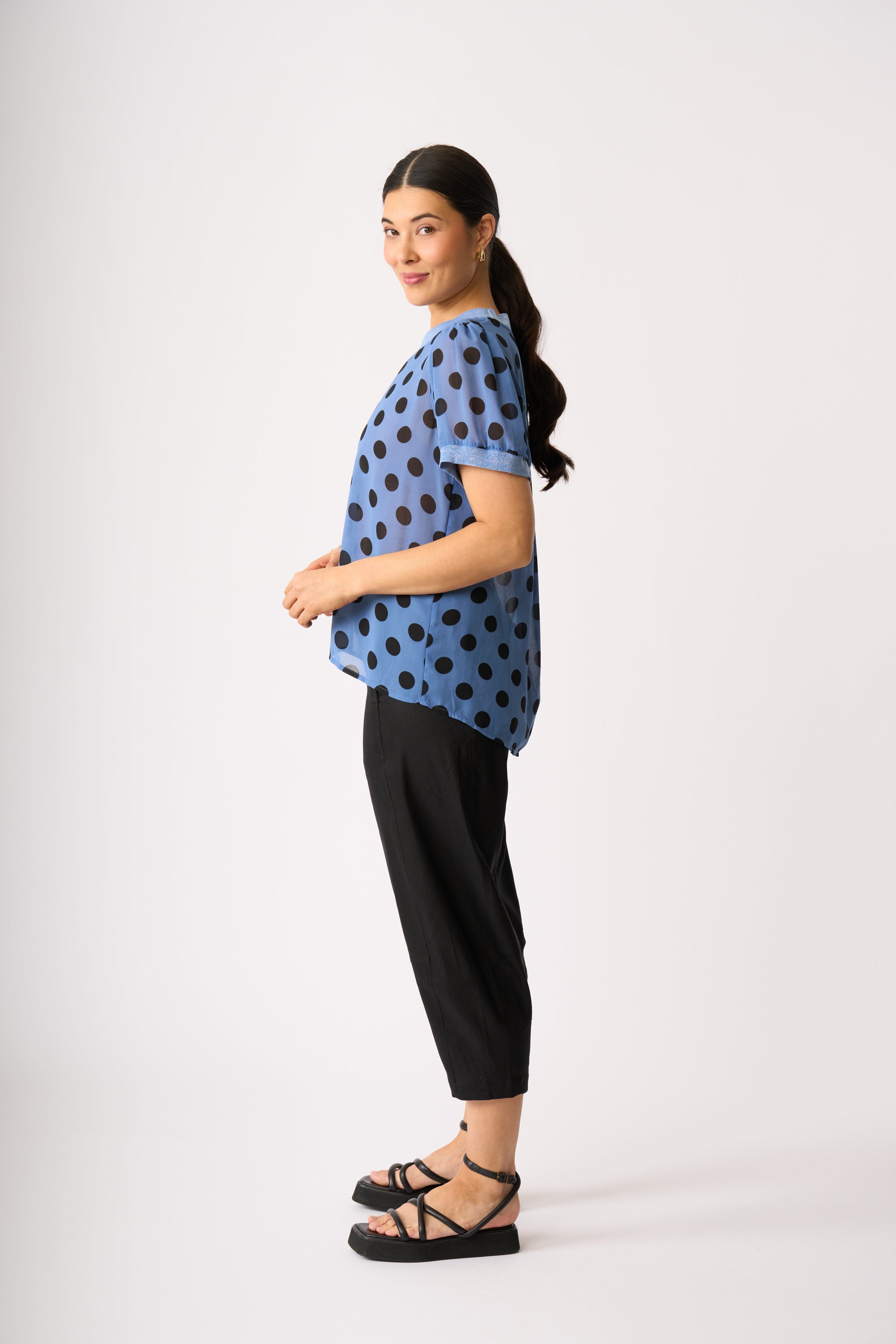 LONGBEACH MEMO SWING RIB TRIM TSHIRT BLUE SPOT POLYESTER TOP