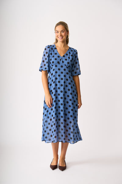 LONGBEACH MEMO V NECK FEATURES DRESS NAVY SPOT POLYESTER MIDI DRESS