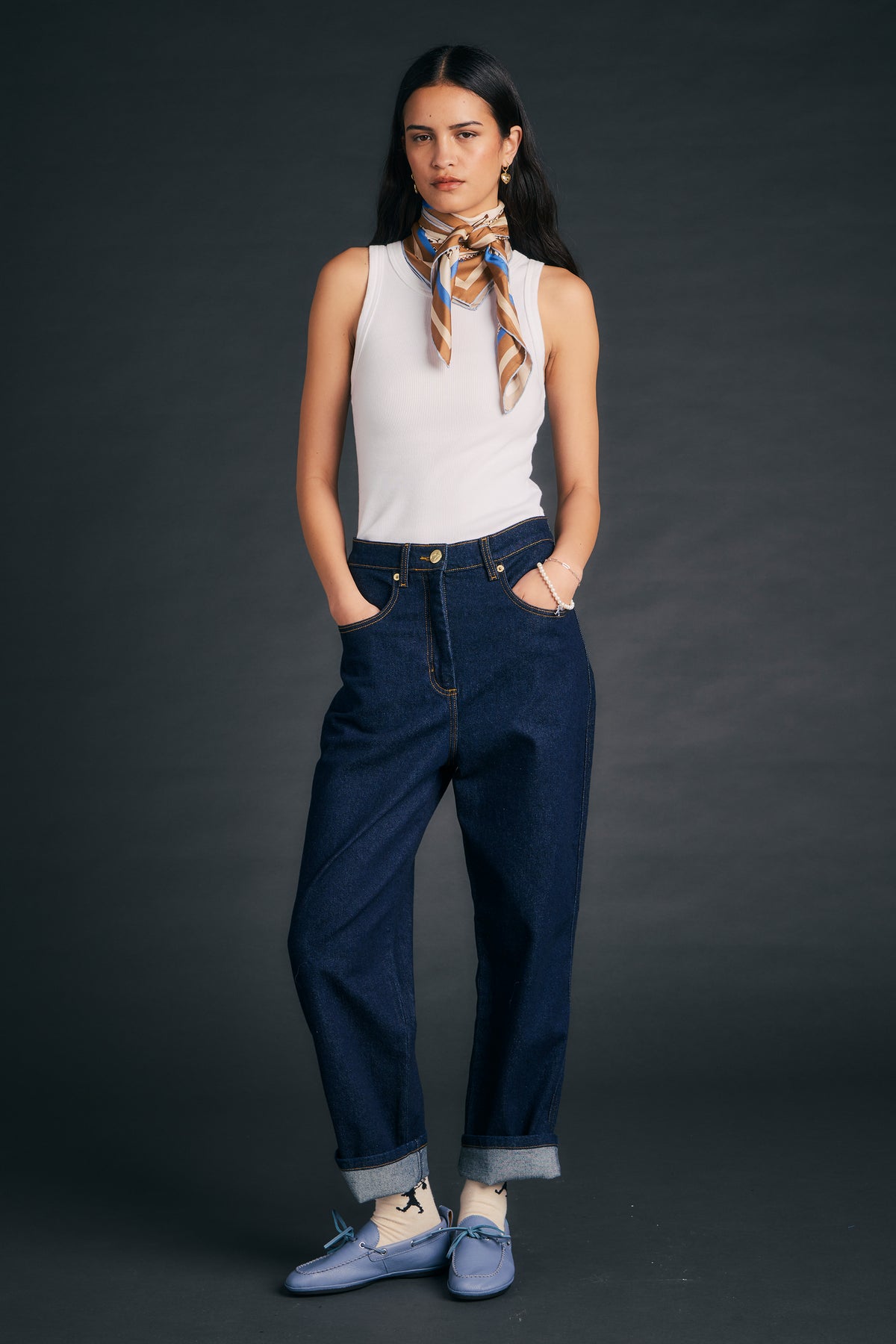 KAREN WALKER MOD JEANS OUTLAND DENIM DARK WASH DENIM WITH CONTRAST STITCHING AND BACK POCKET STITCH DETAILING