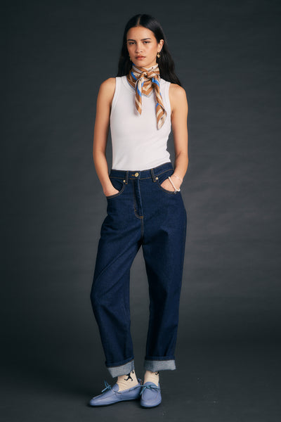KAREN WALKER MOD JEANS OUTLAND DENIM DARK WASH DENIM WITH CONTRAST STITCHING AND BACK POCKET STITCH DETAILING