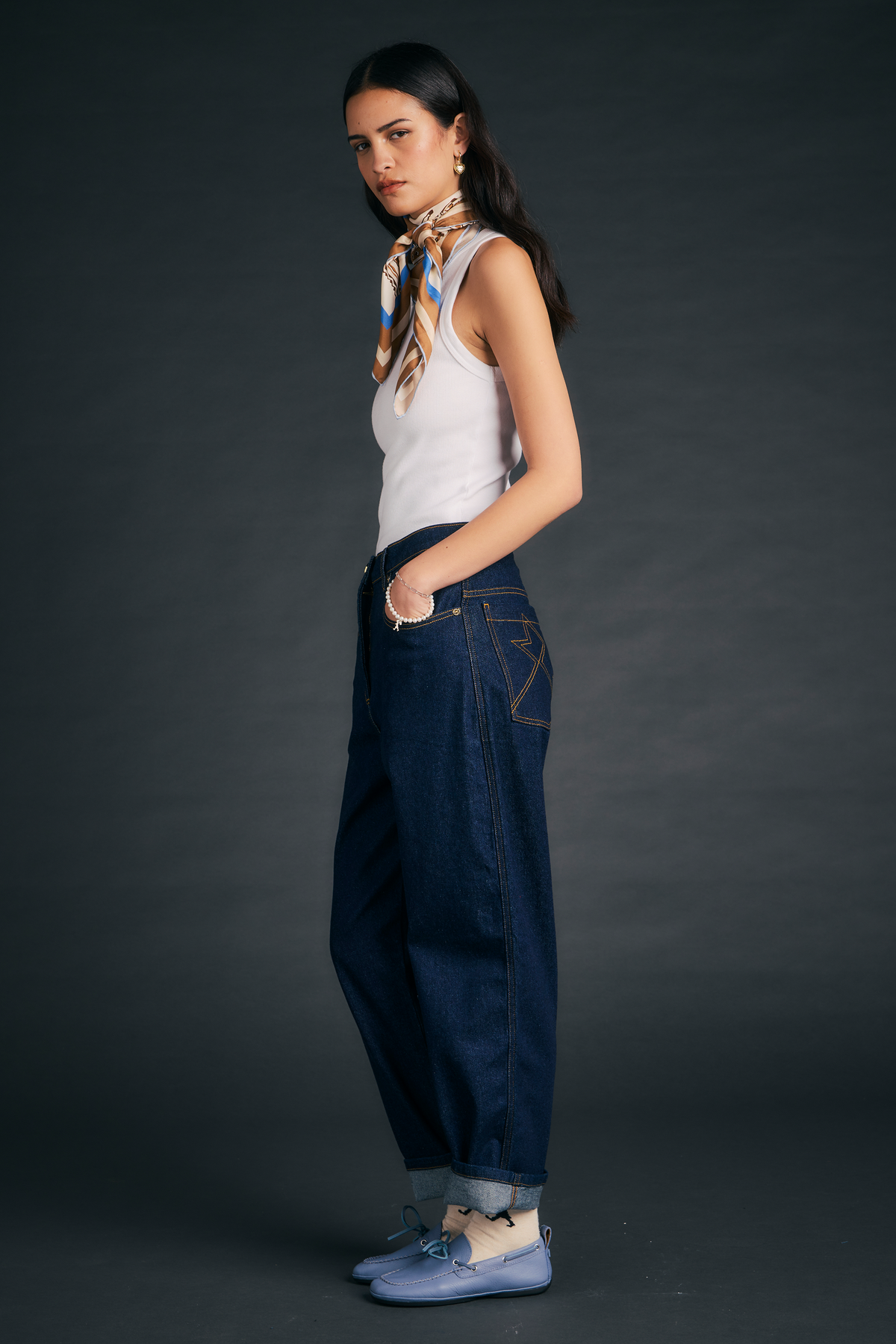 KAREN WALKER MOD JEANS OUTLAND DENIM DARK WASH DENIM WITH CONTRAST STITCHING AND BACK POCKET STITCH DETAILING