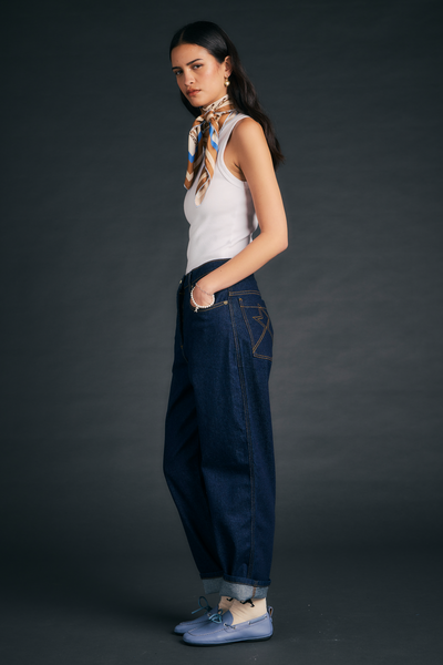 KAREN WALKER MOD JEANS OUTLAND DENIM DARK WASH DENIM WITH CONTRAST STITCHING AND BACK POCKET STITCH DETAILING