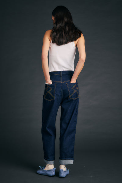 KAREN WALKER MOD JEANS OUTLAND DENIM DARK WASH DENIM WITH CONTRAST STITCHING AND BACK POCKET STITCH DETAILING