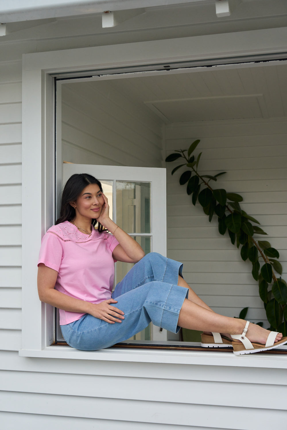 LONGBEACH MEMO JEAN QUEEN CROP JEAN COTTON POLYESTER ELASTANE BLUE WASH STRETCH DENIM PANT