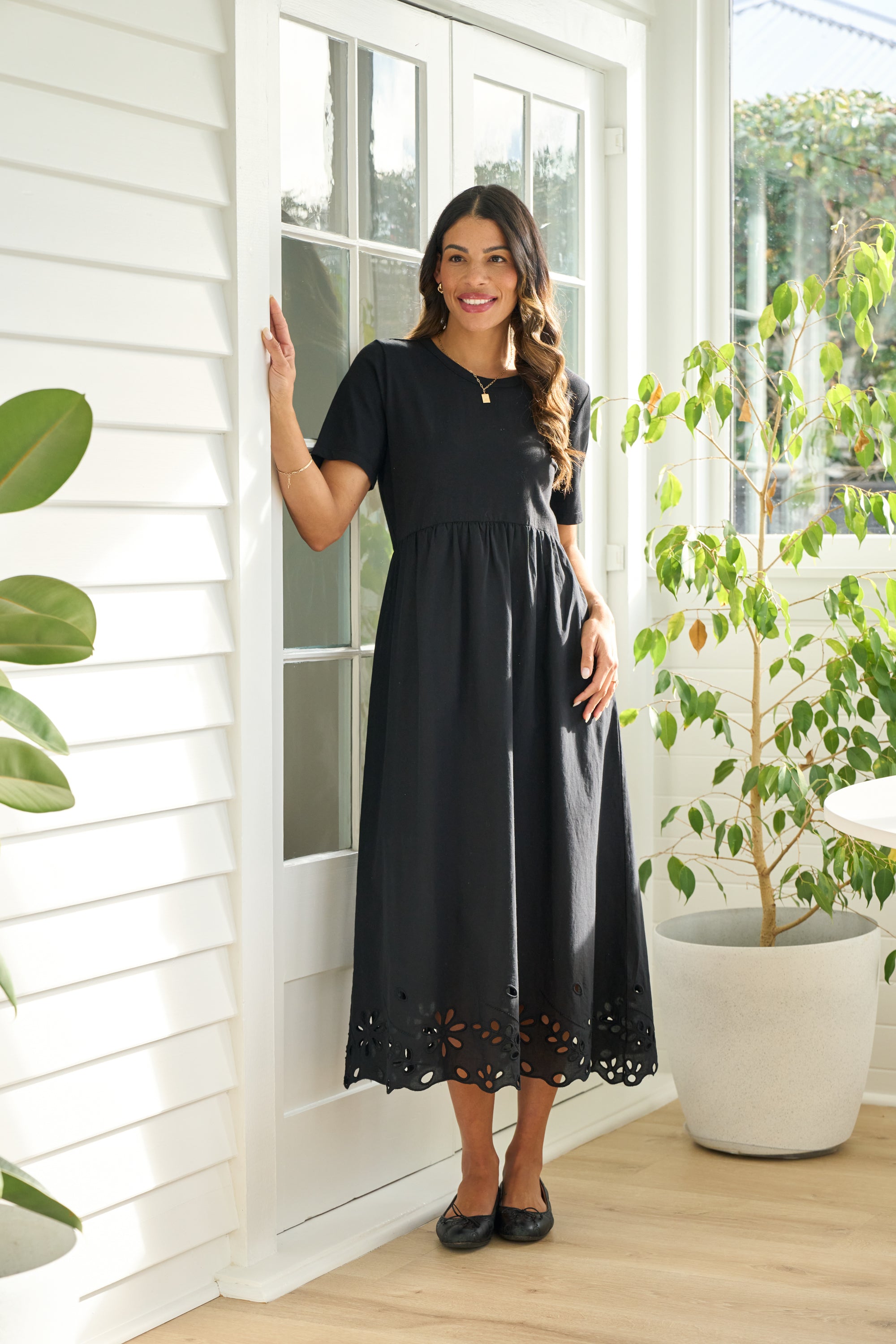 LONGBEACH MEMO CONTRACT DETAIL SWING DRESS COTTON BLACK MIDI DRESS