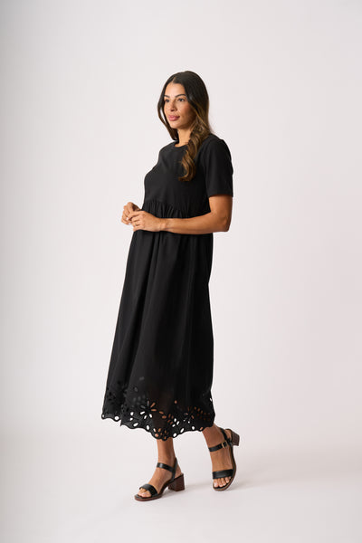 LONGBEACH MEMO CONTRACT DETAIL SWING DRESS COTTON BLACK MIDI DRESS