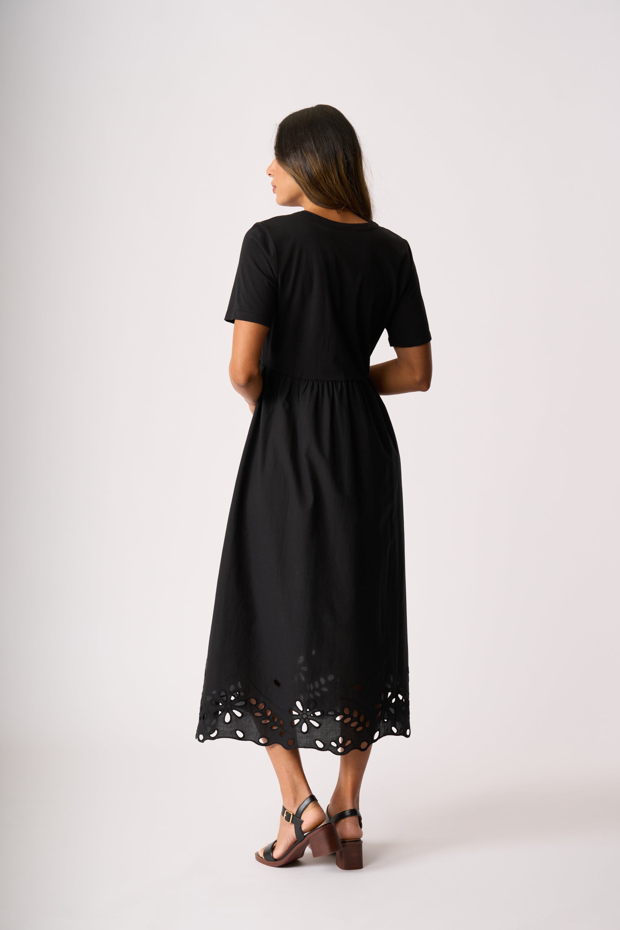 LONGBEACH MEMO CONTRACT DETAIL SWING DRESS COTTON BLACK MIDI DRESS