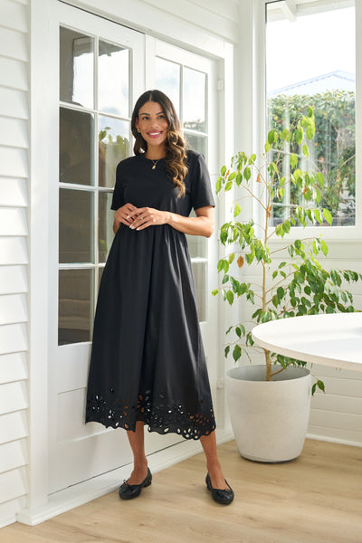 LONGBEACH MEMO CONTRACT DETAIL SWING DRESS COTTON BLACK MIDI DRESS