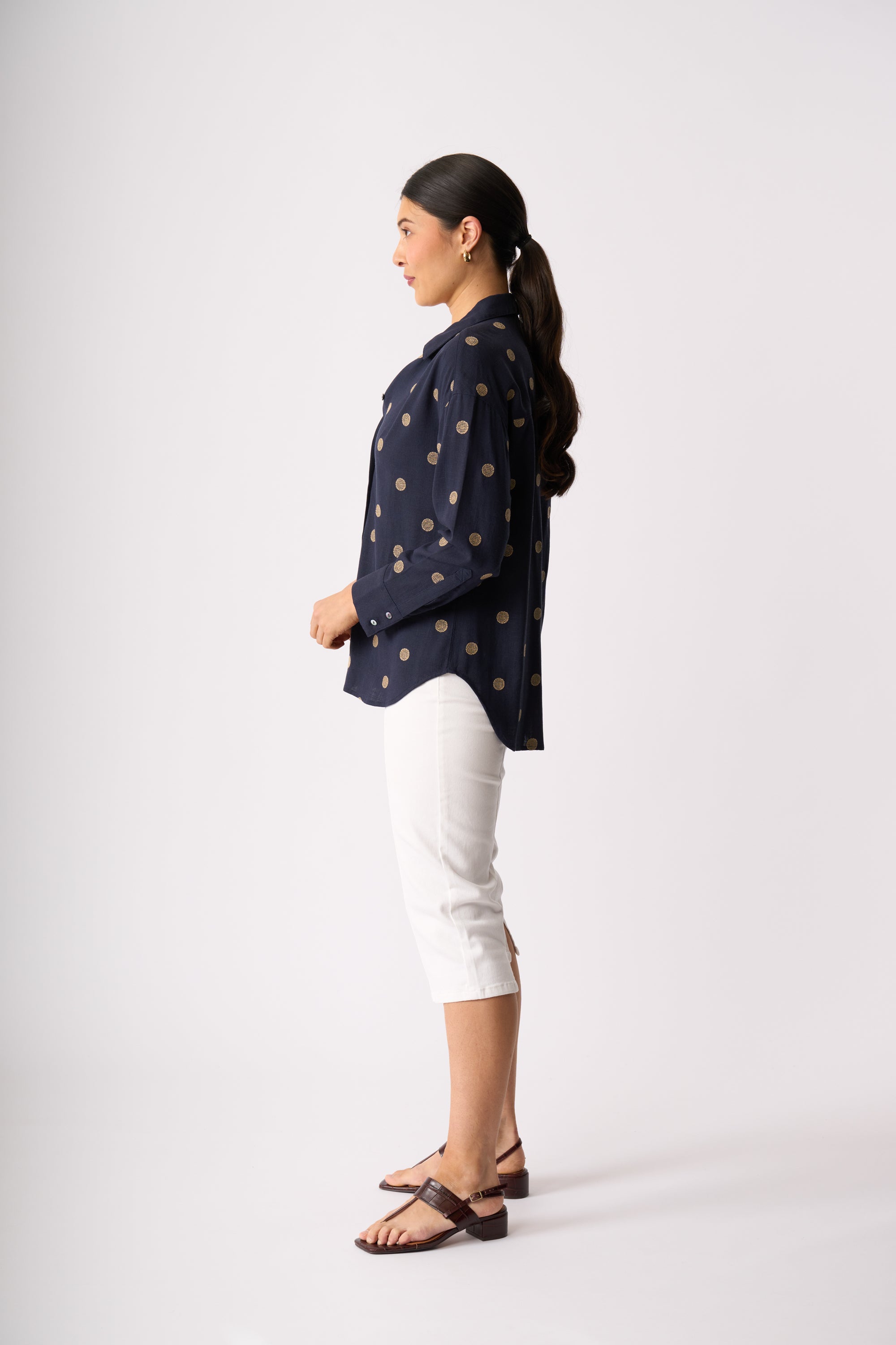 LONGBEACH OH THREE BOXY FIT SHIRT NAVY SPOT BLOUSE 