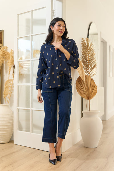 LONGBEACH OH THREE BOXY FIT SHIRT NAVY SPOT BLOUSE 