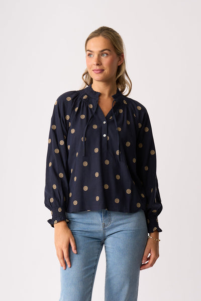 JUST CHILLIN TOP NAVY SPOT BLOUSE