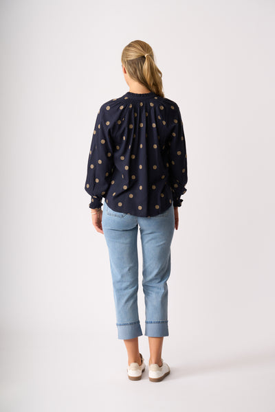 JUST CHILLIN TOP NAVY SPOT BLOUSE