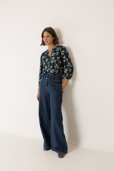 INDI AND COLD RUCHED DETAIL SHIRT NAVY VISCOSE FLORAL BLOUSE