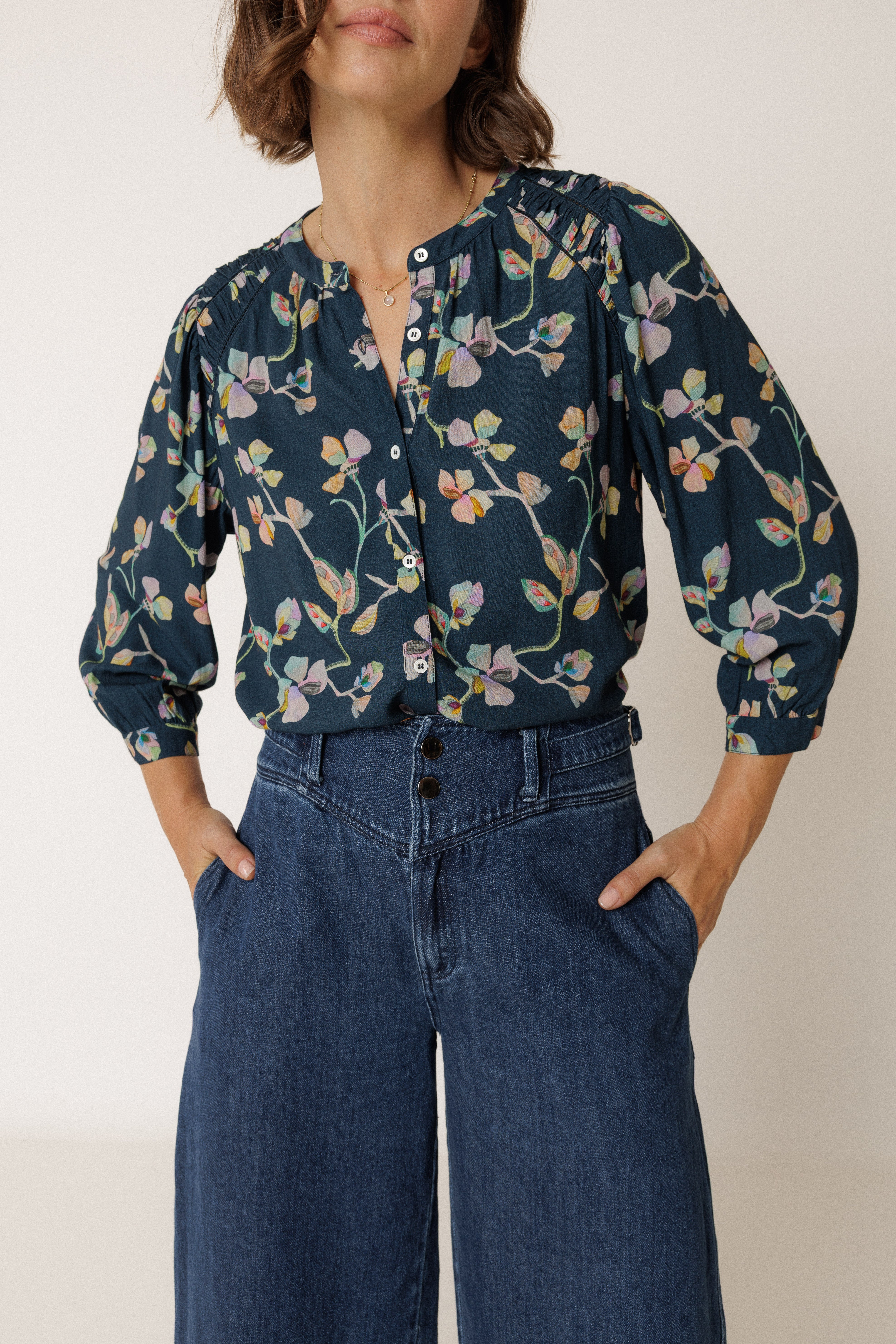 INDI AND COLD RUCHED DETAIL SHIRT NAVY VISCOSE FLORAL BLOUSE