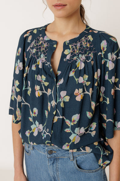 INDI AND COLD SMOCK DETAIL SHIRT VISCOSE NAVY FLORAL BLOUSE