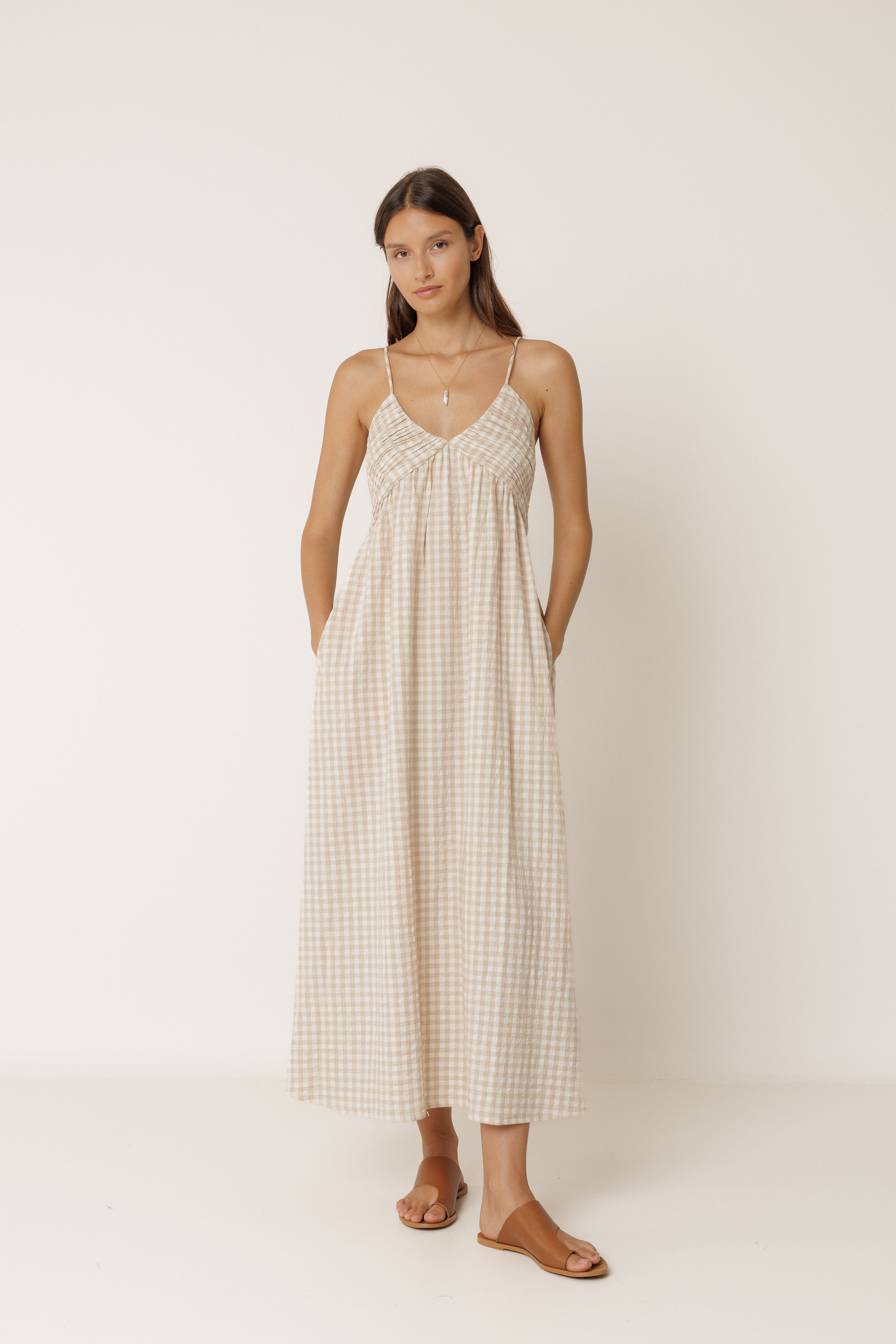 INDI AND COLD STRAPPY GINGHAM DRESS VICOSE MAXI DRESS CHECK BEIGE